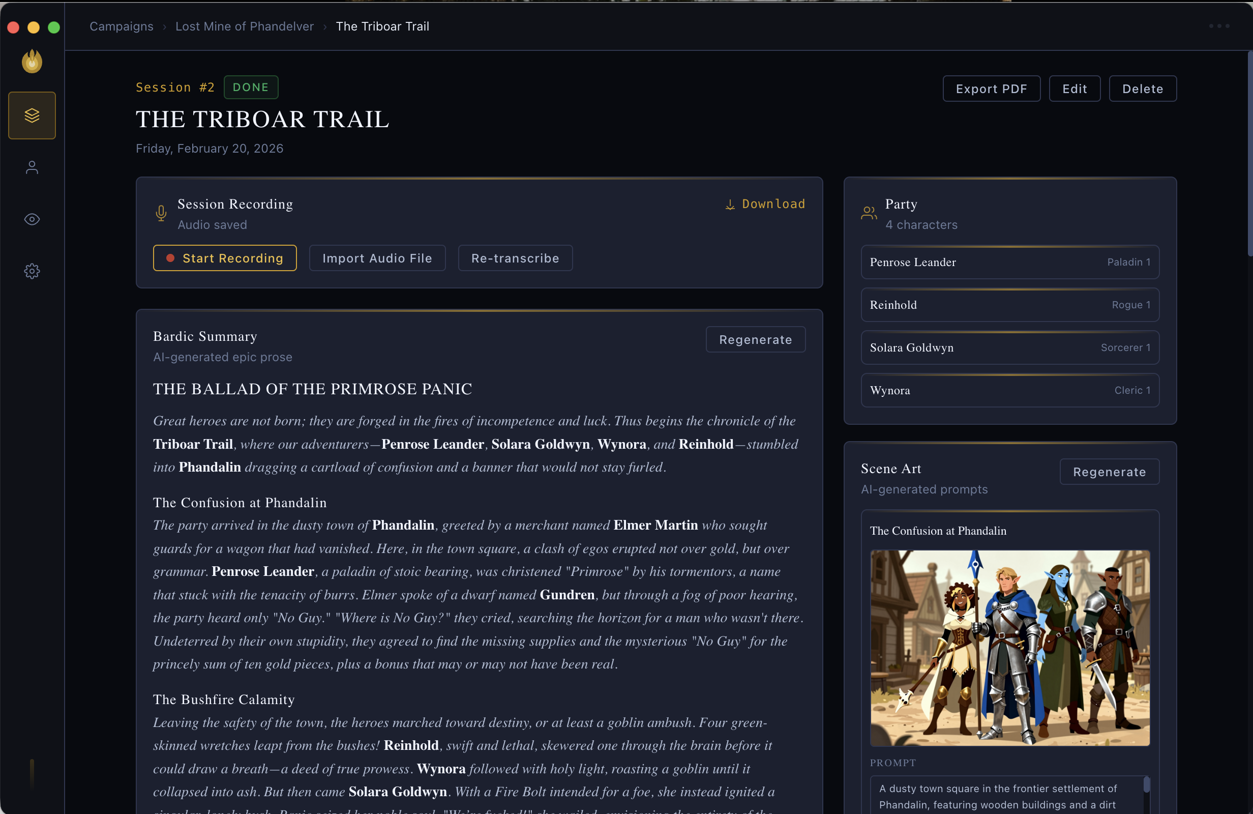 Session view with bardic summary